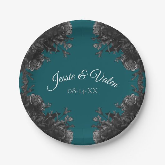 Assiettes En Carton Mariage gothique Rose gris-noir turquoise (Devant)