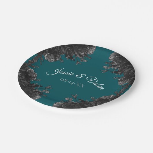 Assiettes En Carton Mariage gothique Rose gris-noir turquoise (Angle)