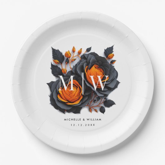 Assiettes En Carton Mariage gothique Rose noir orange (Devant)