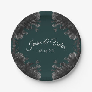 Assiettes En Carton Mariage gothique Rose vert foncé gris noir