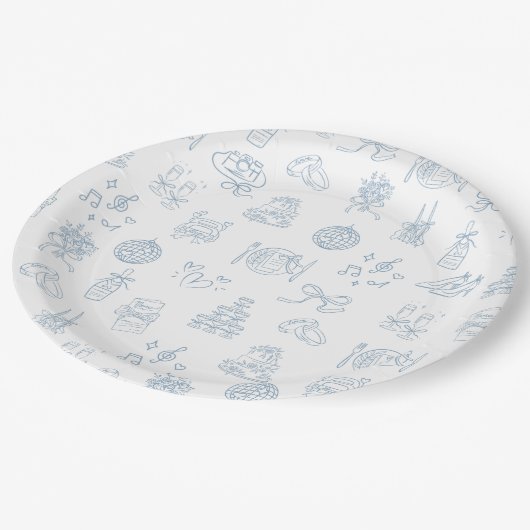Assiettes En Carton Mariage illustré à main lunaire dessiné bleu (Angle)