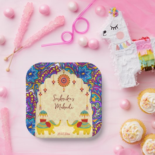 Assiettes En Carton Mariage indien éléphants bleu motif personnalisé (Fête)