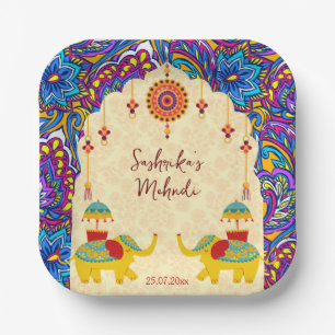 Assiettes En Carton Mariage indien éléphants bleu motif personnalisé