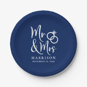 Assiettes En Carton Mariage M. Mme Navy Blue