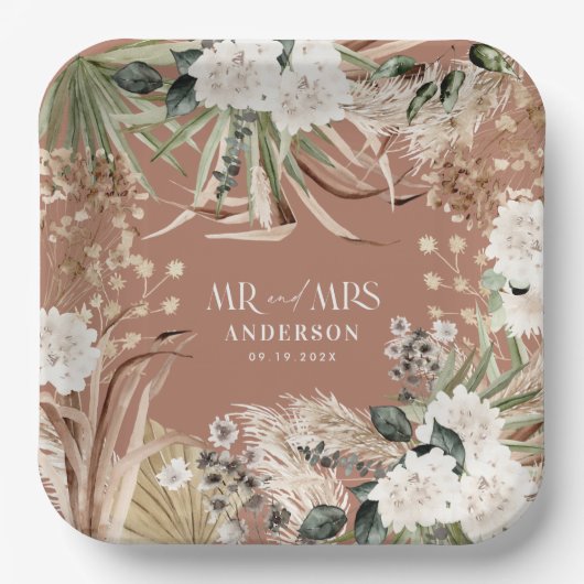 Assiettes En Carton Mariage M. Mme Pampas eucalyptus parti boho modern (Recto)
