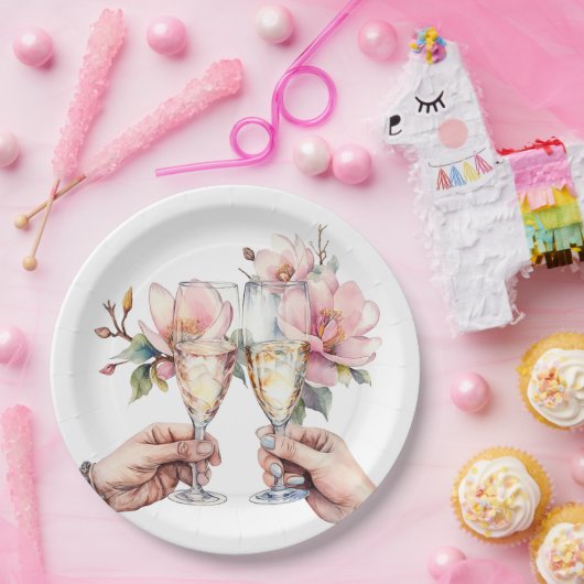 Assiettes En Carton Mariage Magnolias et Lunettes de Champagne (Fête)