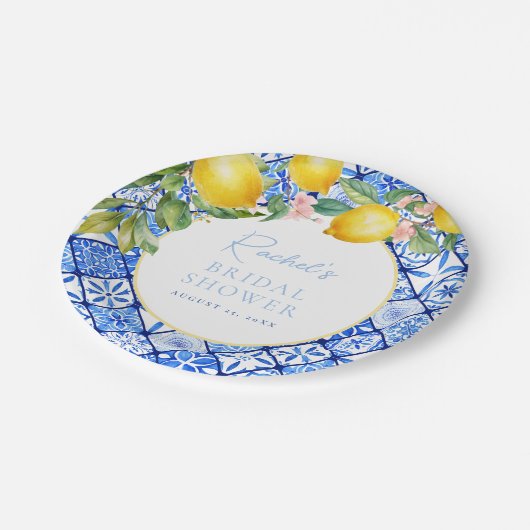 Assiettes En Carton Mariage Méditerranéen Citron Carreaux Bleus (Angle)