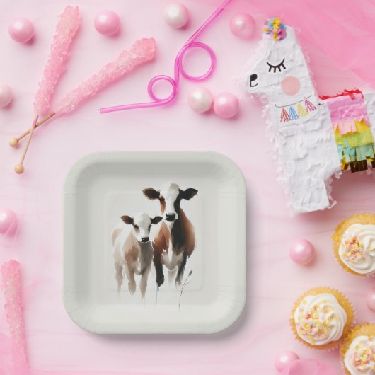 Assiettes En Carton Mariage Minimal Rustique en Aquarelle Vaches (Fête)
