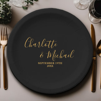 Assiettes En Carton Mariage minimaliste Black Gold Script