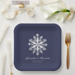 Assiettes En Carton Mariage minimaliste de flocon de neige   Bleu Mari