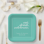 Assiettes En Carton Mariage minimaliste moderne Aqua & White<br><div class="desc">Joli,  moderne,  minimaliste et tendance mariage papier plaque de fête comporte un arrière - plan bleu aqua (Pantone 2022 couleur pick "Cascade") avec des blocs de texte personnalisables blancs dans les polices modernes</div>
