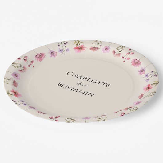 Assiettes En Carton Mariage moderne beige avec fleurs sauvages (Angle)