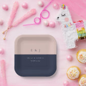 Assiettes En Carton Mariage Moderne Bleu Nuit Rose (Fête)