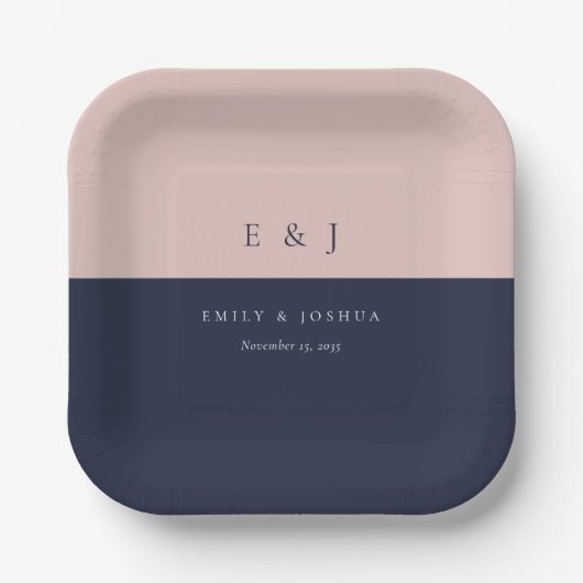 Assiettes En Carton Mariage Moderne Bleu Nuit Rose (Recto)