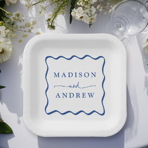 Assiettes En Carton Mariage Moderne Cadre Ondulé Bleu
