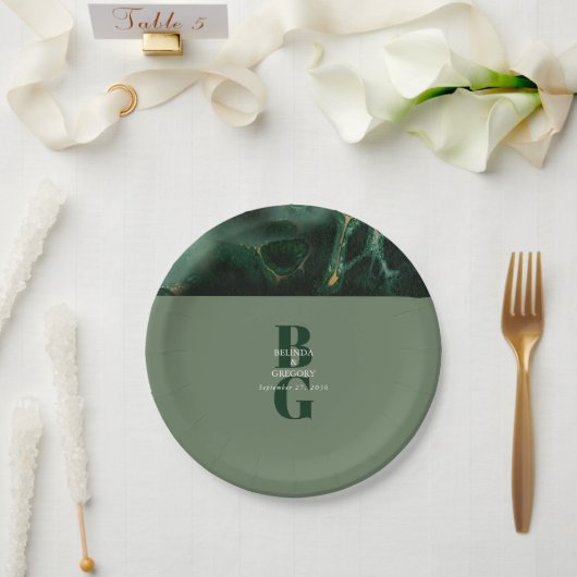 Assiettes En Carton Mariage moderne en marbre vert (Mariage)