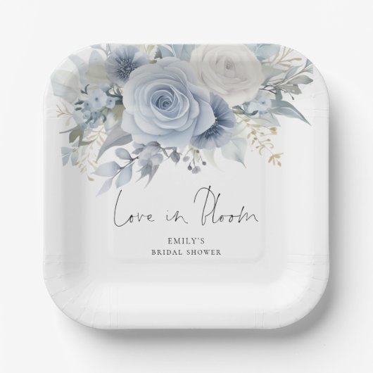 Assiettes En Carton Mariage Moderne Fleurs Bleues Amour en Fleur Salle (Recto)