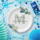 Assiettes En Carton Mariage monogrammé à eucalyptus vert (Fête)