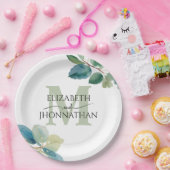 Assiettes En Carton Mariage monogrammé à eucalyptus vert (Fête)