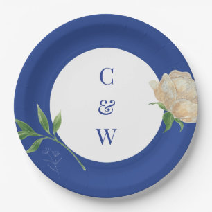 Assiettes En Carton Mariage Monogrammé à la Fleur de Citron Bleu Encha