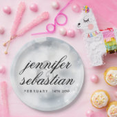 Assiettes En Carton Mariage monogramme clair Silver Bokeh (Fête)