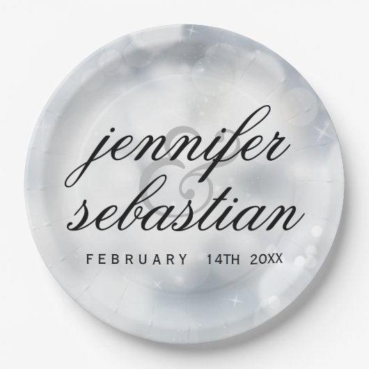 Assiettes En Carton Mariage monogramme clair Silver Bokeh (Devant)