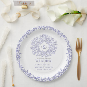 Assiettes En Carton mariage monogramme d'art feuille cercle bleu