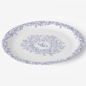 Assiettes En Carton mariage monogramme d'art feuille cercle bleu (Angle)