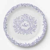 Assiettes En Carton mariage monogramme d'art feuille cercle bleu (Devant)