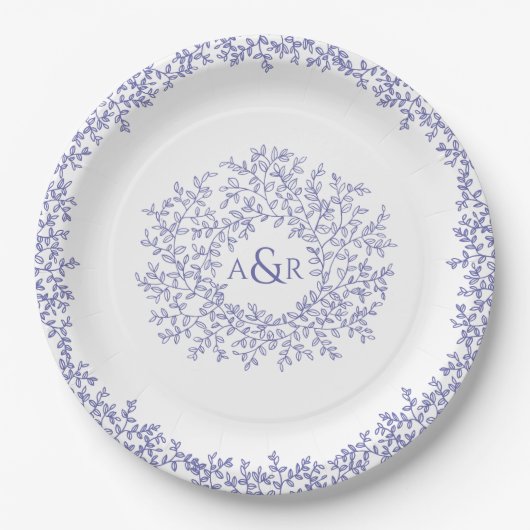Assiettes En Carton mariage monogramme d'art feuille cercle bleu (Devant)