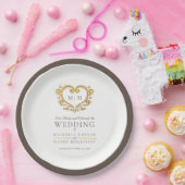 Assiettes En Carton Mariage monogramme de couronne brun coeur doré (Fête)