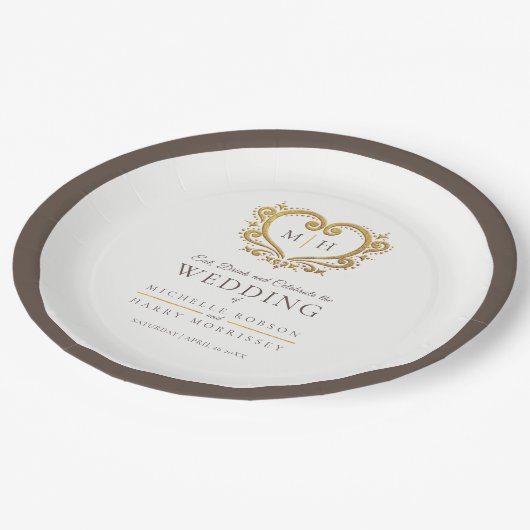 Assiettes En Carton Mariage monogramme de couronne brun coeur doré (Angle)