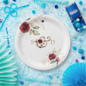Assiettes En Carton Mariage Monogramme Fleurs Bourgogne Or Caprice (Fête)