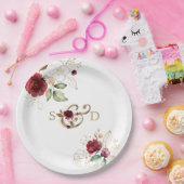 Assiettes En Carton Mariage Monogramme Fleurs Bourgogne Or Caprice (Fête)