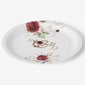 Assiettes En Carton Mariage Monogramme Fleurs Bourgogne Or Caprice (Angle)