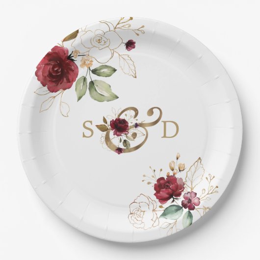 Assiettes En Carton Mariage Monogramme Fleurs Bourgogne Or Caprice (Devant)