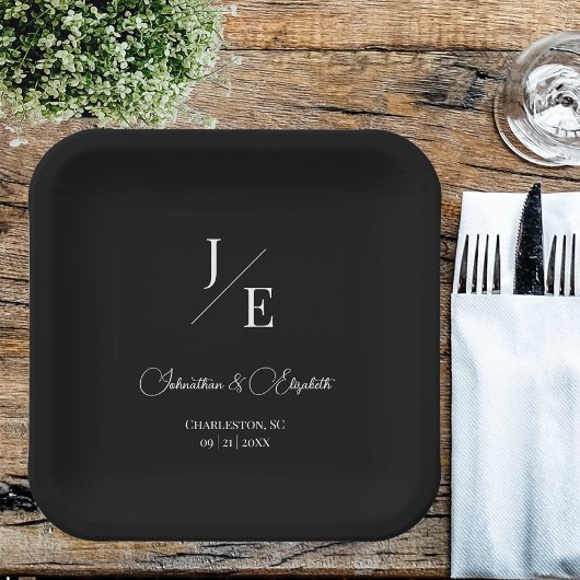 Assiettes En Carton Mariage monogramme minimal | Noir