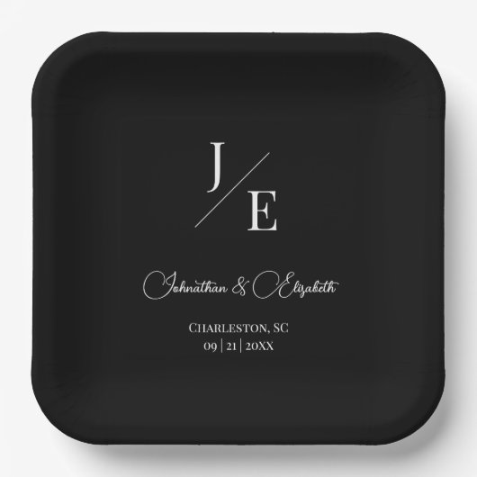 Assiettes En Carton Mariage monogramme minimal | Noir (Recto)