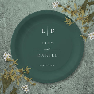 Assiettes En Carton Mariage Monogramme minimaliste Emerald Green