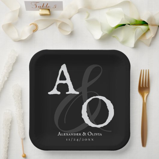 Assiettes En Carton Mariage Monogramme minimaliste noir (Mariage)