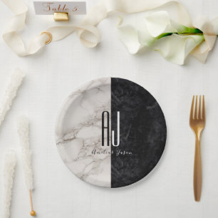 Assiettes En Carton Mariage Monogramme Moderne Noir Blanc