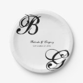 Assiettes En Carton Mariage Monogramme noir et blanc (Devant)