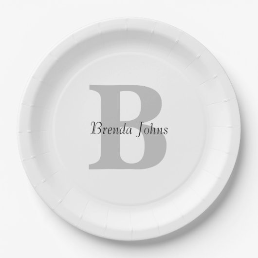 Assiettes En Carton Mariage Monogramme Nom Baby shower gris noir blanc (Devant)