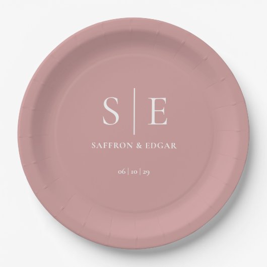 Assiettes En Carton Mariage monogramme rose chic Dusty Rose (Devant)