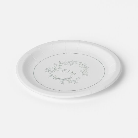 Assiettes En Carton Mariage Monogramme vert Sage moderne (Angle)