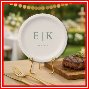 Assiettes En Carton Mariage Monogramme Vert Sauge