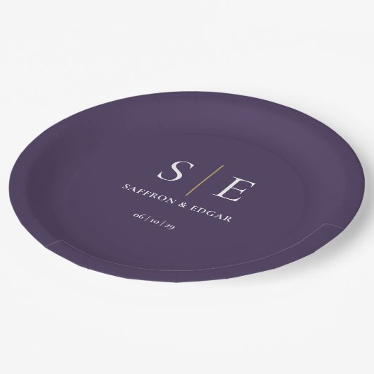 Assiettes En Carton Mariage Monogramme violet et or (Angle)