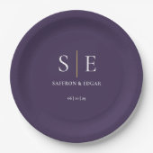 Assiettes En Carton Mariage Monogramme violet et or (Devant)