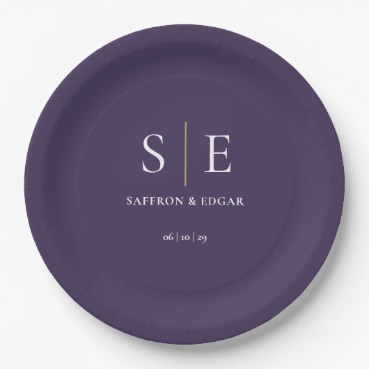 Assiettes En Carton Mariage Monogramme violet et or (Devant)