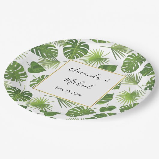 Assiettes En Carton Mariage Motif Feuille élégant Green Tropical (Angle)